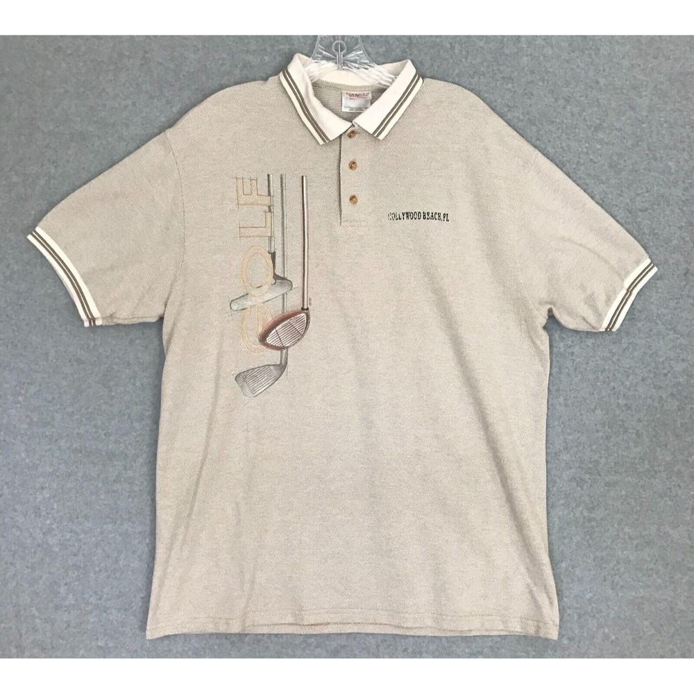 Stedman By‎ Hanes Polo Shirt Mens Large Hollywood Beach FL Golf Clubs art Tan
